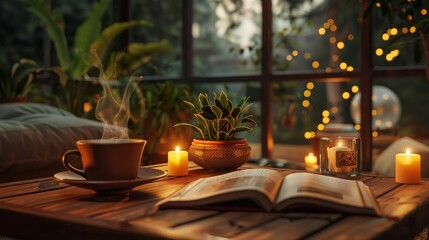 Step into the serenity of a cozy summer evening, where the soft glow of candlelight dances across the pages of your favorite books, a steaming mug of coffee awaits your enjoyment,