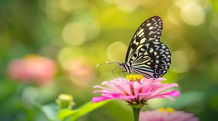 Naklejka premium Blue tiger butterfly or Danaid Tirumala limniace on a pink zinnia flower with green blurred background