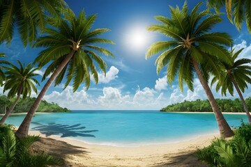 Fototapeta na wymiar Exotic beach panorama with sunny sky, palm trees, and lagoon