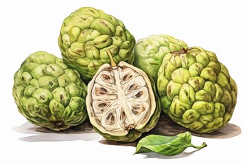 Fototapeta premium A bunch of ripe Custard Apple (Cherimoya) s, watercolor illustration clipart, 1500s, isolated on white background watercolor tone, pastel, 3D Animator