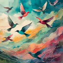 a charming wall mural featuring a flock of birds in various colors flying across the sky. The composition should convey a sense of freedom and movement, using soft gradients and flowing lines to creat - obrazy, fototapety, plakaty