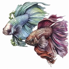 Fototapeta premium Siamese Fighting Fish s, watercolor illustration clipart, 1500s, isolated on white background watercolor tone, pastel, 3D Animator