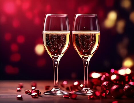 two glasses of champagne and christmas decorations. Toast with Champagne on a Romantic Valentine's Day.