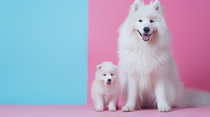 female Samoyed smiles for the camera while her pup grows a bit impatient and curious and begins to walk on pink and blue background - obrazy, fototapety, plakaty