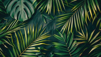 Summer tropical green palm leave background. Minimalist concept. flat lay, top view, copy space. greenery , Tropical palm leaves on color background with copy space - obrazy, fototapety, plakaty