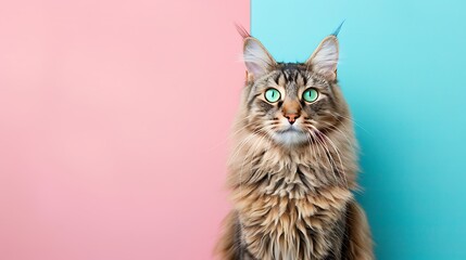 Full body of long hair tabby cat with beautiful green eyes on pink and blue background