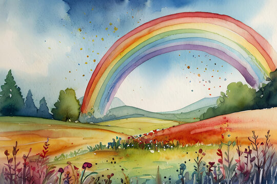 Experience the magic of a colorful watercolor illustration featuring a whimsical meadow and vibrant rainbow

