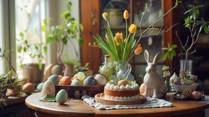 Obraz na płótnie Canvas A warm and cozy Easter dining room interior featuring a charming hare sculpture, colorful Easter eggs, a wooden tray, a vase filled with fresh leaves, 