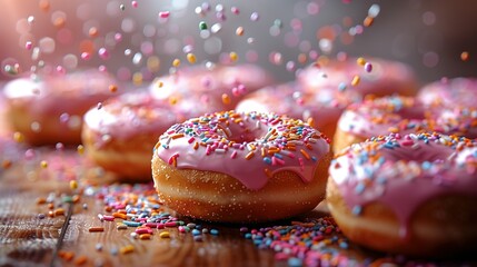 Donuts with colorful sprinkles floating in the air