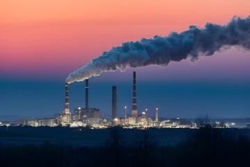 Factory emits smoke, polluting natures atmosphere at dusk