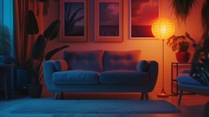 Interior of a stylish living room adorned with a chic grey sofa, elegant armchair, and soft lighting from glowing lamps, creating a cozy and inviting ambiance ideal for unwinding and relaxation