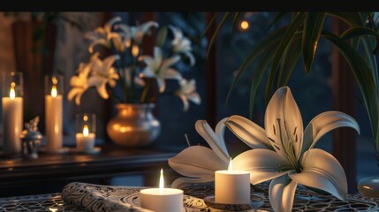 Step into a realm of tranquility and grace as twilight descends, illuminating a serene interior adorned with elegant lilies and the gentle flicker of candlelight