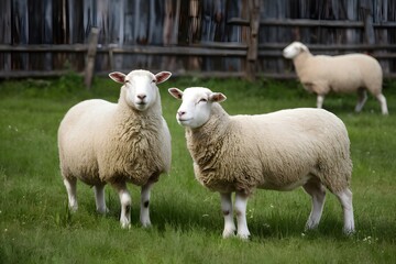 Naklejka na ściany i meble Farm scene featuring sheep in rustic setting, emphasizing agricultural life