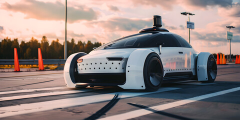 Futuristic self-driving robot taxi autonomous car riding on highway with AI technology and navigation. flying car  under cloudy sky