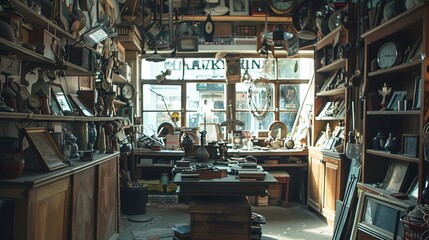 The interior of a pawnbroker's shop, bathed in the soft glow of afternoon sunlight filtering through grimy windows - obrazy, fototapety, plakaty