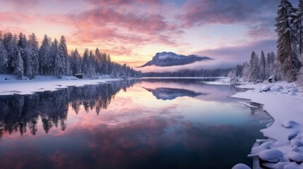 Panorama of winter dawn on a mountain lake with a snowy forest and a mirror reflection in the water