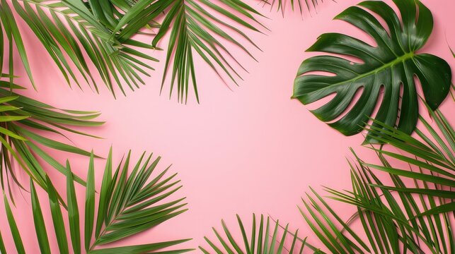 Tropical palm leaves on pink background. Minimal summer concept , premium abstract light pink wall summer background with leaves shadow, Palm tree leaves on pink background. Copy space for text.

