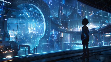 Tunnel Network: A futuristic digital scene featuring people in a blue-lit tunnel, symbolizing the interconnectedness of technology, business, and the future