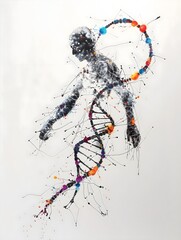 An artistic representation of DNA strands forming the outline of a human figure, awakening, white background