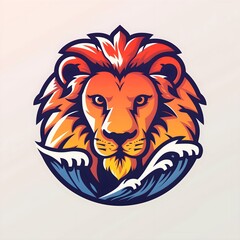 Colorful stylized illustration of a lion's head with blue waves, logo, t-shirt design, sticker art, isolated