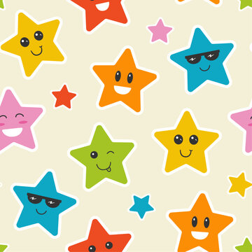 Cute kids star seamless pattern. Bright, fun and playful design with smiling faces. 