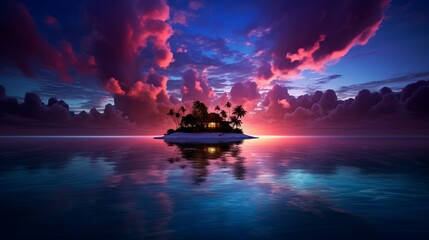 A small island in the middle of the ocean under a sky painted with multiple colors