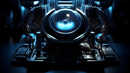 Fototapeta premium Intricate Inspired Futuristic Machinery and Equipment in a Detailed High Contrast Computer Center