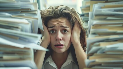 A businesswoman looking stressed and overwhelmed surrounded by towering stacks of paperwork - obrazy, fototapety, plakaty