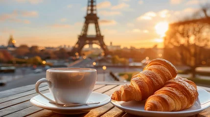 Fotobehang A classic Parisian breakfast featuring croissants and coffee with the Eiffel Tower in the backdrop © Creative_Bringer