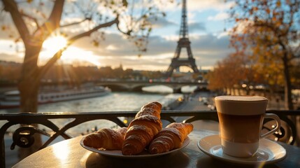 Obraz na płótnie Canvas A classic Parisian breakfast featuring croissants and coffee with the Eiffel Tower in the backdrop