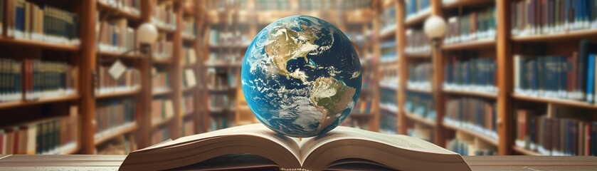 A conceptual image of a world globe on an open book in a library