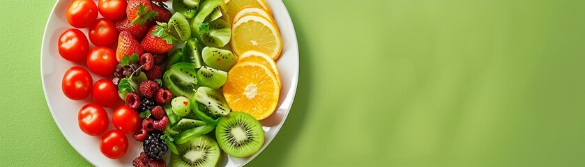 A plate divided into sections of various healthy foods on a green background.