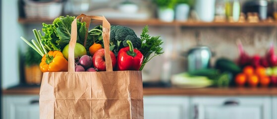A paper bag brimming with a healthy selection of fresh vegetables and fruits on a kitchen table - obrazy, fototapety, plakaty