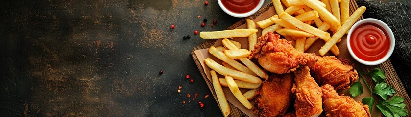 A mouth-watering meal of crispy fried chicken served with golden French fries on a wooden board. - obrazy, fototapety, plakaty
