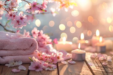 Obraz na płótnie Canvas A serene spa setting with pink candles blossoms