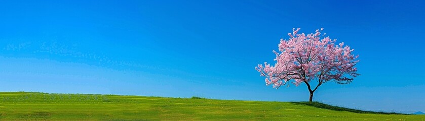 Fototapeta premium A single cherry blossom tree in full bloom standing in a vibrant green field under a clear blue sky.