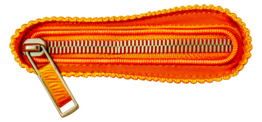 A zipper pull is shown in orange and silver, cut out - stock png.