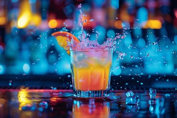 A vibrant cocktail in a glass with a neon light splash set against a dark - obrazy, fototapety, plakaty