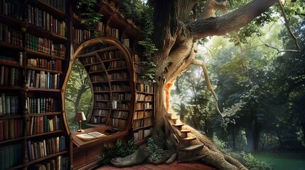 An ethereal and mystical library built within an ancient trees hollow