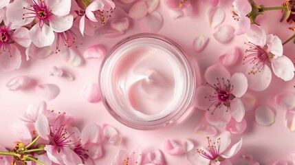 An open jar of moisturizing cream surrounded by delicate pink blossoms