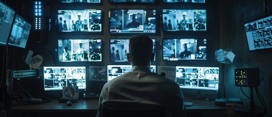 Focused police officer in a dark room monitoring surveillance footage on multiple computer screens. - obrazy, fototapety, plakaty