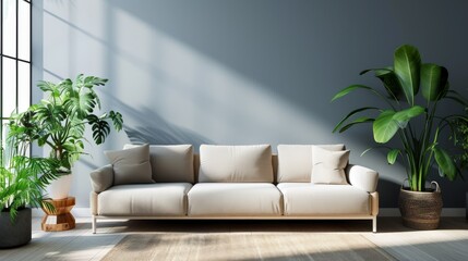 A contemporary living space with a bright and spacious room, featuring a comfortable sofa, lush plants, and elegant accessories against a gray wall