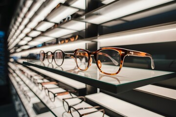 Glasses showcase in modern optic shop, selective focus photo