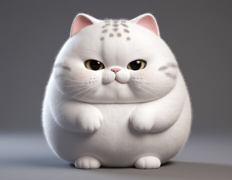 3D render angry white fat cat, mad madness face expression cute overweight animals