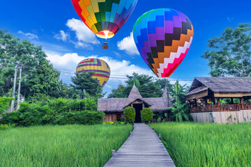Wooden walkway and balloons with green rice fields in Vang Vieng, Laos. - 777924161