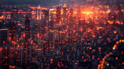 Obraz premium A cityscape with a bright orange sky and a lot of lights