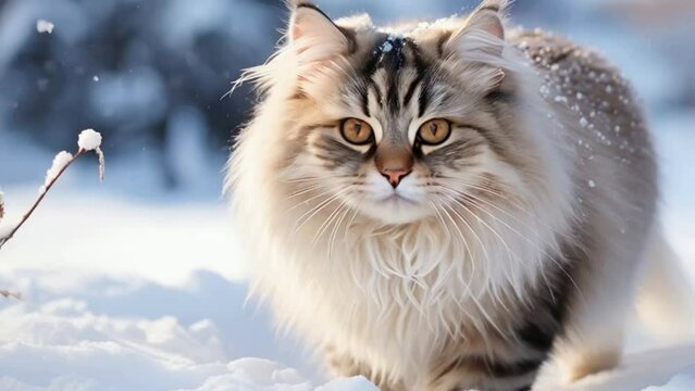 close up cat face on background of white snow, fluffy beautiful Siberian cat walking outdoors, pets on winter nature rural scene