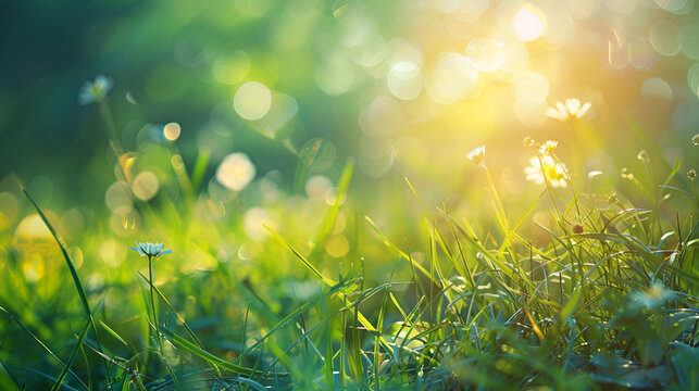 Fresh spring sunny garden against the backdrop of green grass, flowers and bokeh blurred foliage ,Green grass and chamomile in the meadow. Spring or summer nature scene with blooming white daisies 