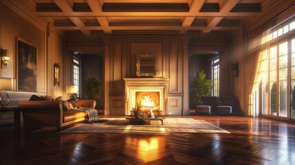 A stunning living room interior featuring rich hardwood floors, a beautifully coffered ceiling, and a roaring fire crackling in the fireplace of a new luxury home - obrazy, fototapety, plakaty