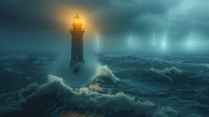 A lighthouse illuminating the path for ships in a stormy sea, symbolizing guidance